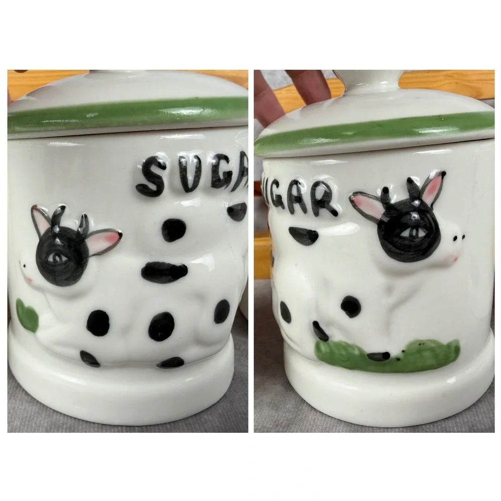 Vtg Casdia Ceramic Cow Canister Set 4Pc Wood Hanging Rack Coffee Sugar Tea Farm